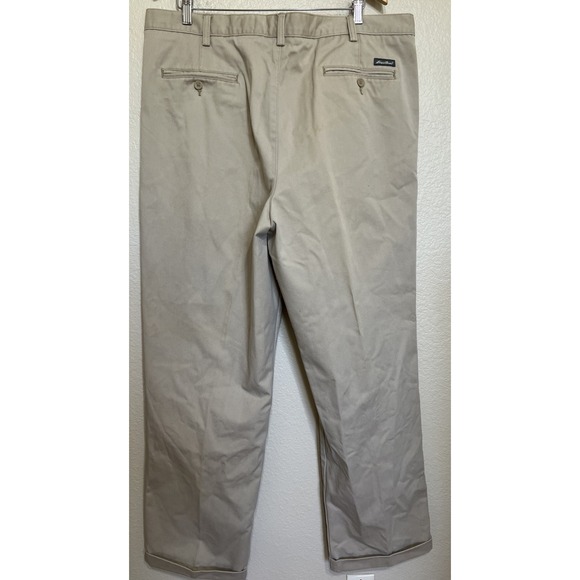 Eddie Bauer Pants Mens 42 Tall Tan Khaki Relaxed Fit‎ Cuffed Pleated 100% Cotton - Picture 3 of 8
